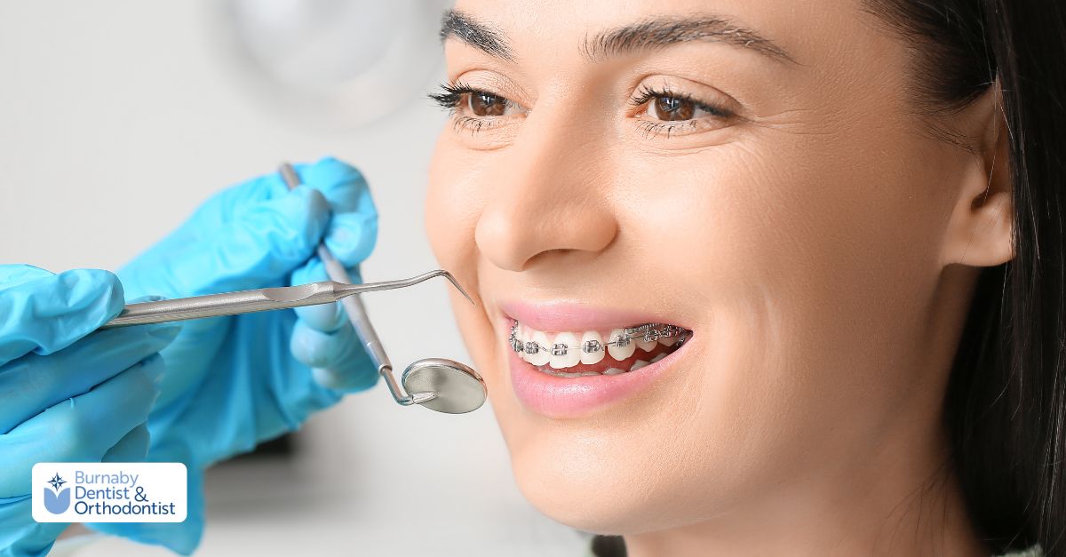 A woman with braces and blue gloves is undergoing a treatment related to her orthodontic treatment.