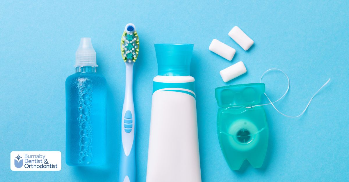 A dental kit featuring a toothbrush, toothpaste, and a mask, emphasizing the importance of preventive dental care.
