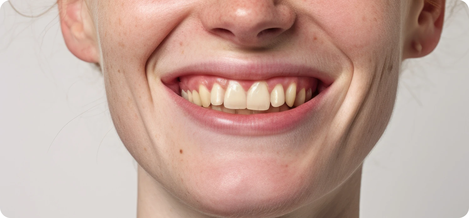 Close-up of a smiling mouth showing natural teeth and gums.