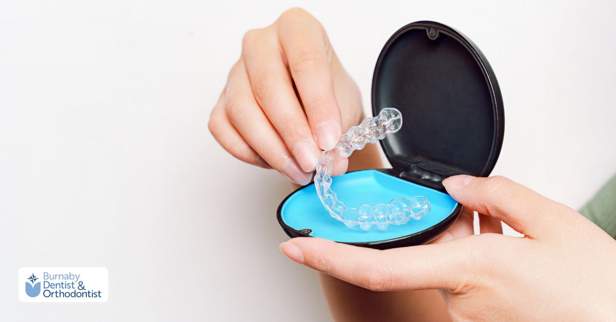 Clear AI aligners stored in a protective case as part of modern orthodontic treatment.