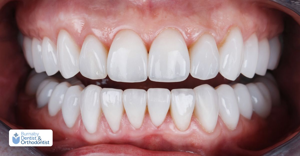 Close-up view of teeth restored with dental veneers, illustrating dental veneers safety.