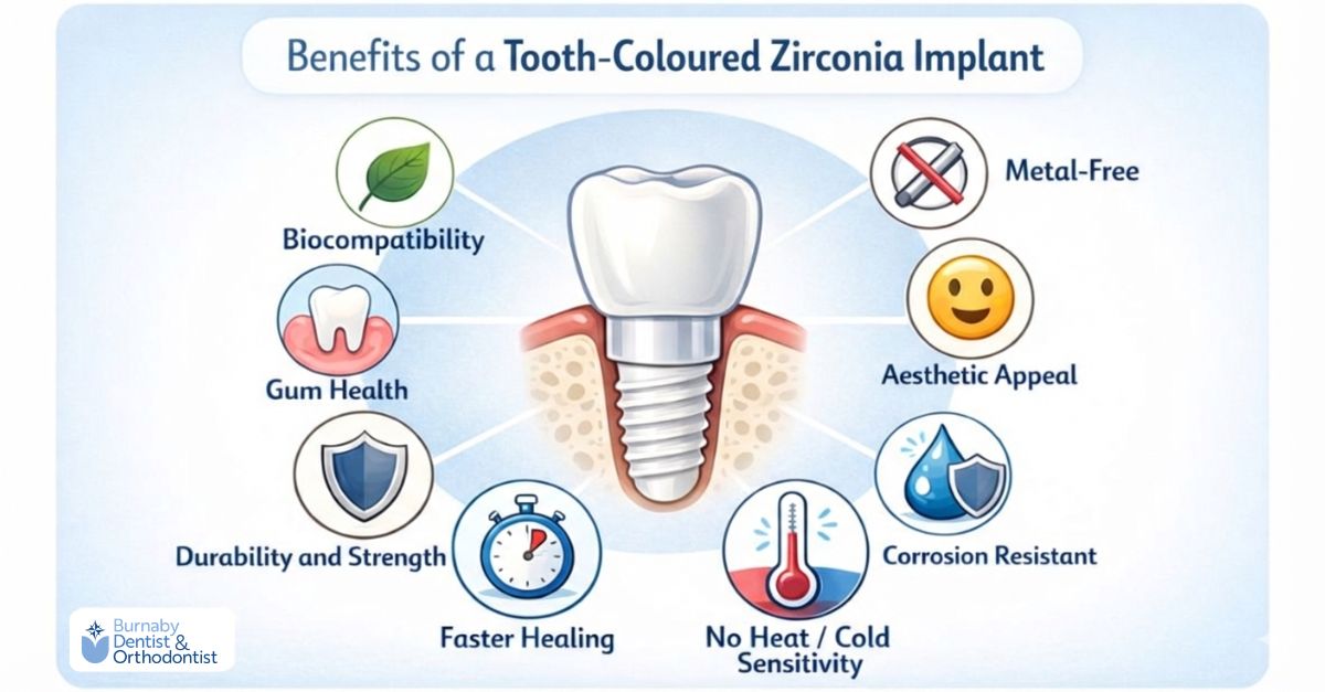 Infographic of a tooth-colored zirconia dental implant in the center, surrounded by icons highlighting benefits