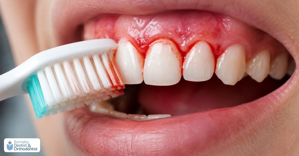 Bleeding gums during tooth brushing, showing early gum inflammation along the gumline.