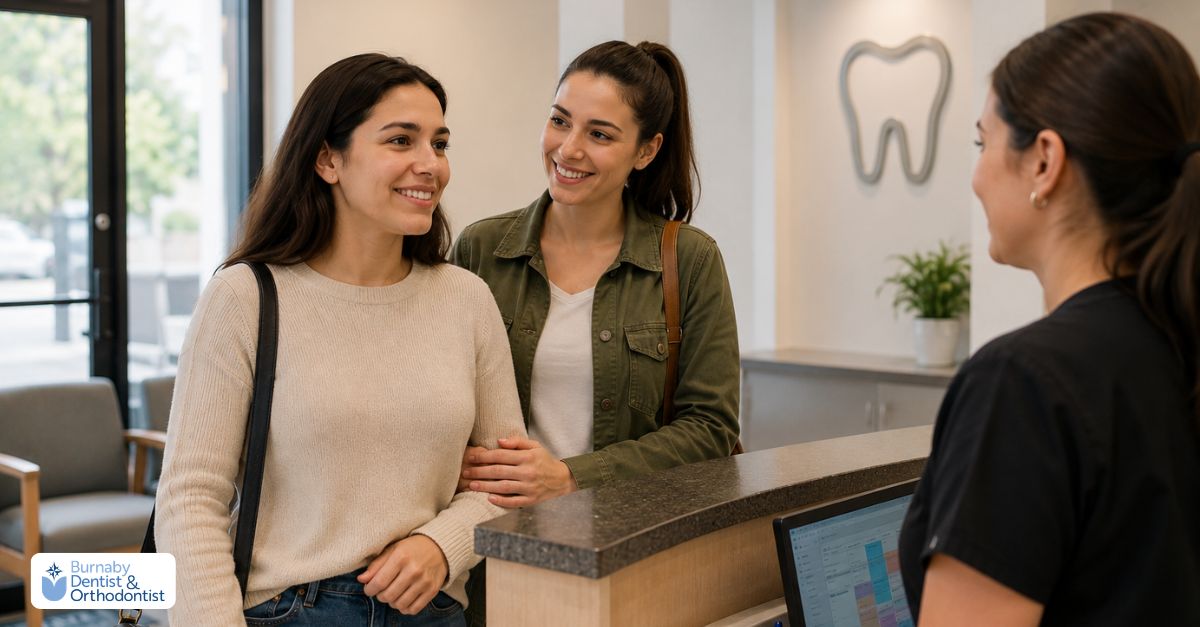 Patient arriving at a dental appointment with a supportive friend to help reduce dental anxiety