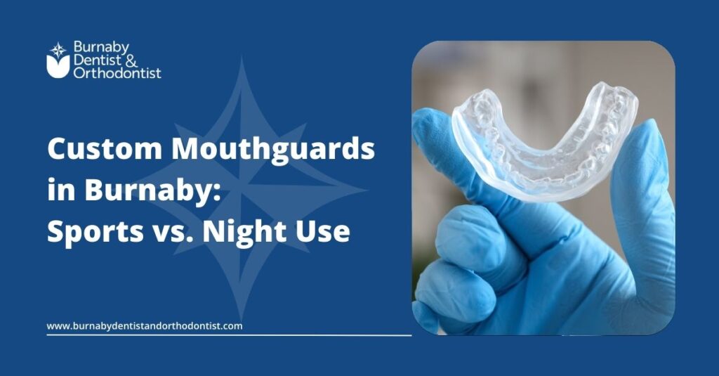 Clear custom dental mouthguard held by a gloved hand.