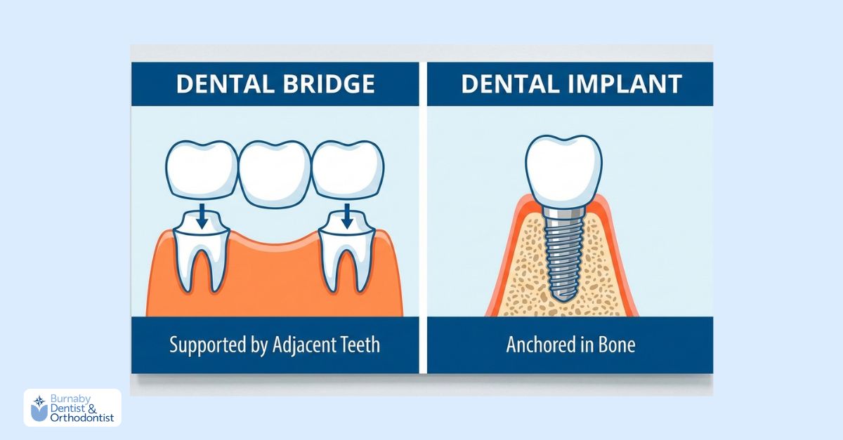 An infographic comparing two tooth replacement options: a dental bridge and a dental implant.