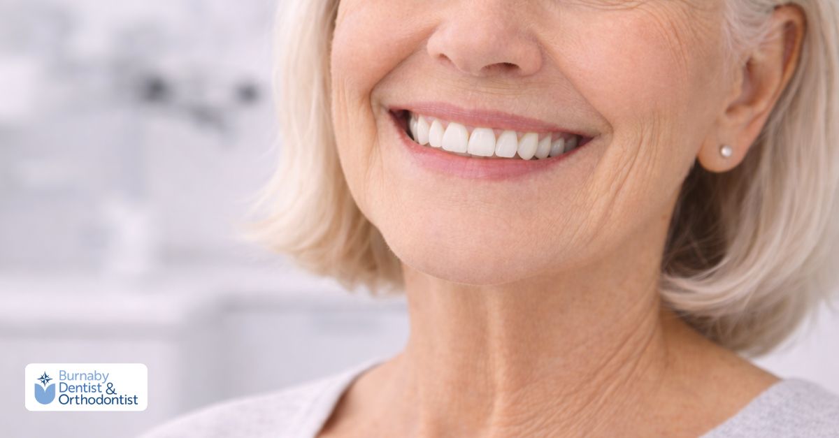Older adult smiling comfortably after receiving a dental implant, showing a natural and well-supported tooth replacement in a modern dental setting.