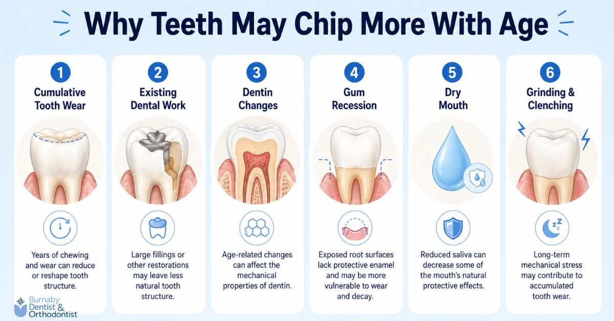 Infographic showing six factors that may contribute to teeth chipping with age, including cumulative tooth wear, existing dental work, dentin changes, gum recession, dry mouth, and long-term grinding or clenching.