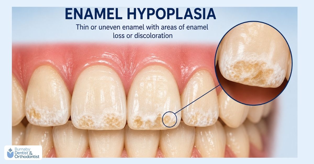 Are “Soft Teeth” Real? Facts About Genetic Enamel Issues and Cavities Illustration showing enamel hypoplasia with thin or uneven tooth enamel and visible areas of enamel loss or discoloration on the teeth.