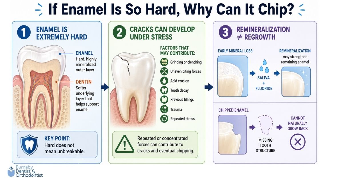 Three-part dental infographic explaining why hard tooth enamel can still chip, showing enamel and dentin structure, factors that may contribute to cracks, and how remineralization can strengthen remaining enamel but cannot regrow chipped enamel.