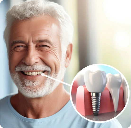 Smiling senior man with dental implants, shown with an illustration highlighting an implant and artificial tooth inside the jaw.