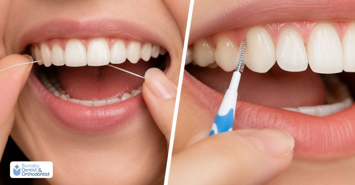 A person using dental floss and interdental brushes to clean plaque