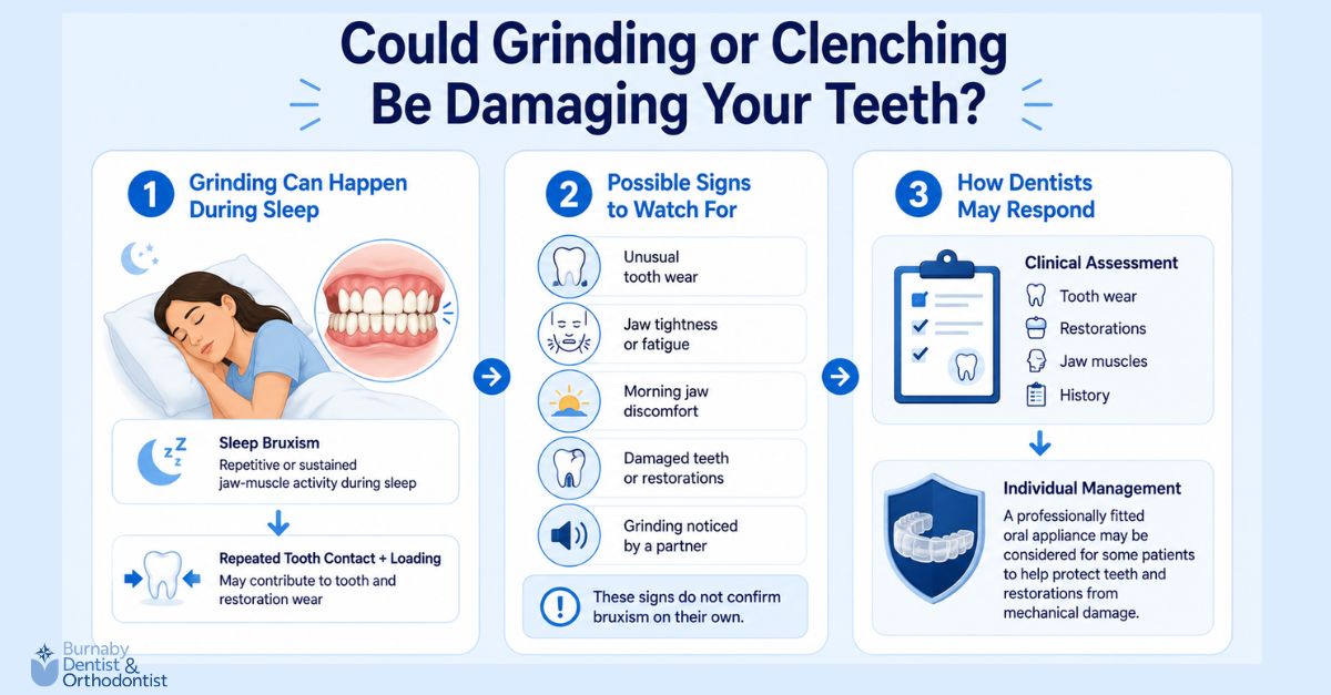 Infographic showing how sleep grinding or clenching may affect teeth, possible signs of bruxism, and how dentists assess and manage the risk.