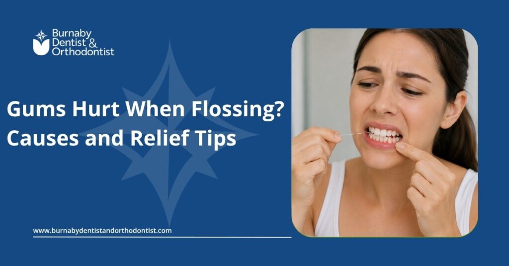 Person experiencing gum discomfort while flossing teeth at home