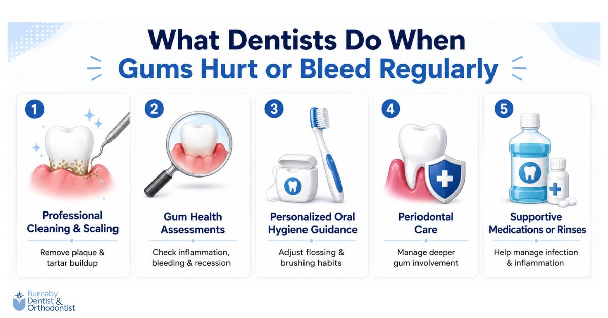 An infographic showing how dentists treat persistent gum pain and bleeding, including professional cleaning and scaling, gum health assessments, personalized oral hygiene guidance, periodontal care, and supportive medications or rinses.