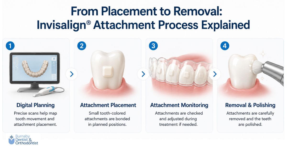 What Are Invisalign® Attachments? Everything You Need to Know About “The Bumps” A four-step infographic showing the Invisalign® attachment process: digital planning with scans, attachment placement on teeth, attachment monitoring during treatment, and professional removal with polishing at the end of treatment.