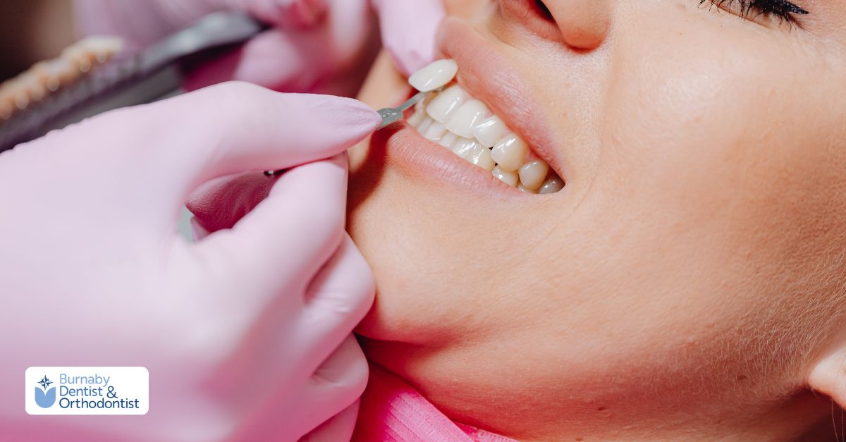 Close-up of cosmetic dental work being adjusted for long-lasting results.