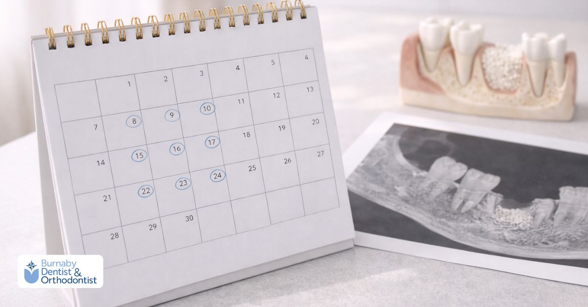 Bone grafting recovery timeline displayed as a calendar to illustrate healing progress over time