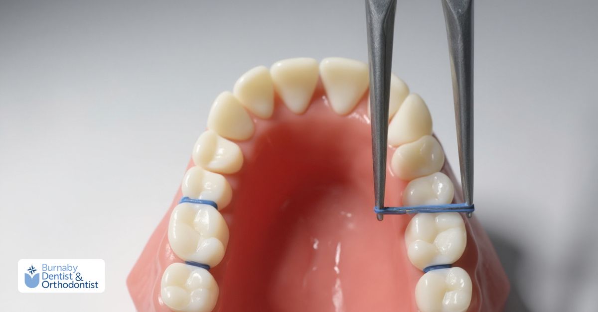 Orthodontic model showing blue spacers between molars, illustrating how long spacers stay in before braces.