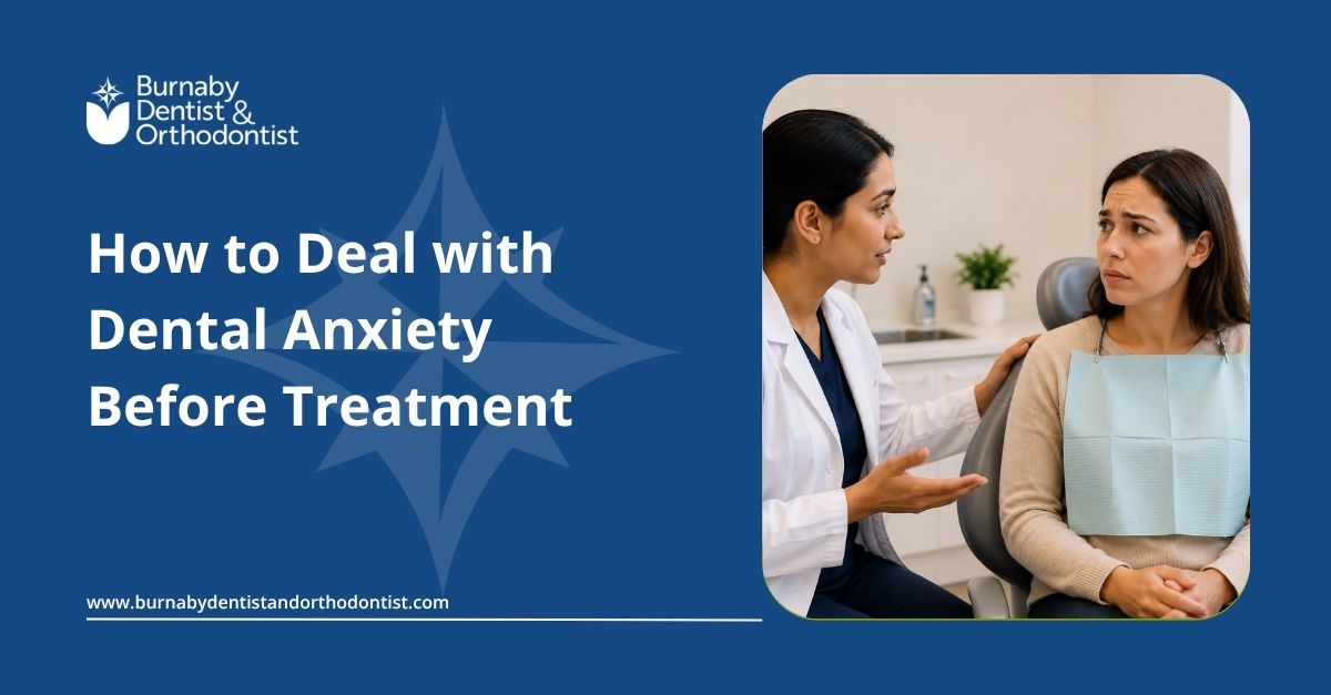 Dentist speaking with an anxious patient in a calm dental clinic