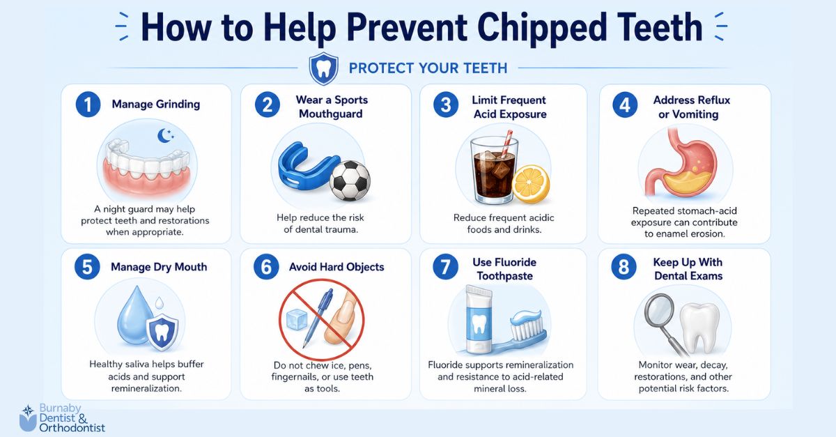 Infographic showing eight ways to help prevent chipped teeth, including managing grinding, wearing a sports mouthguard, limiting acid exposure, managing dry mouth, avoiding hard objects, using fluoride toothpaste, and keeping up with dental exams.