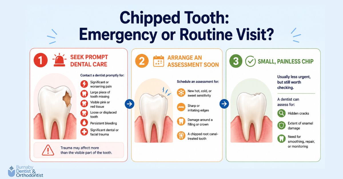  Horizontal infographic titled “Chipped Tooth: Emergency or Routine Visit?” showing three urgency levels: prompt dental care for significant damage or trauma, assessment soon for sensitivity or restoration damage, and routine evaluation for a small, painless chip.