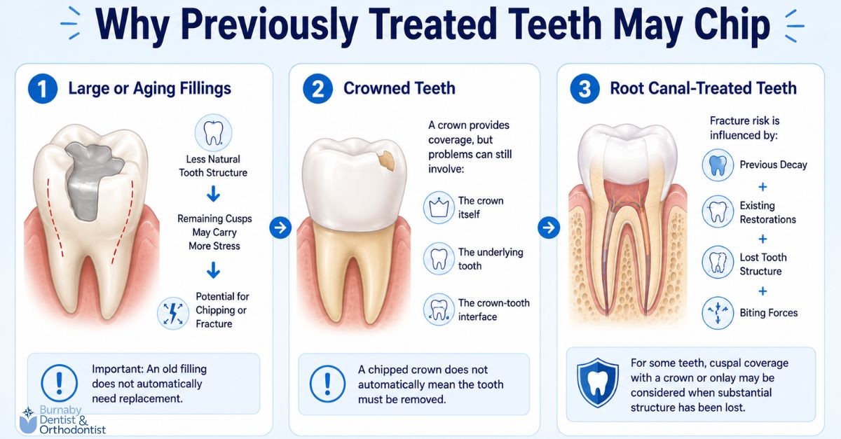  Infographic explaining why previously treated teeth may chip, including large or aging fillings, crowned teeth, and root canal-treated teeth, with factors that can increase fracture risk.