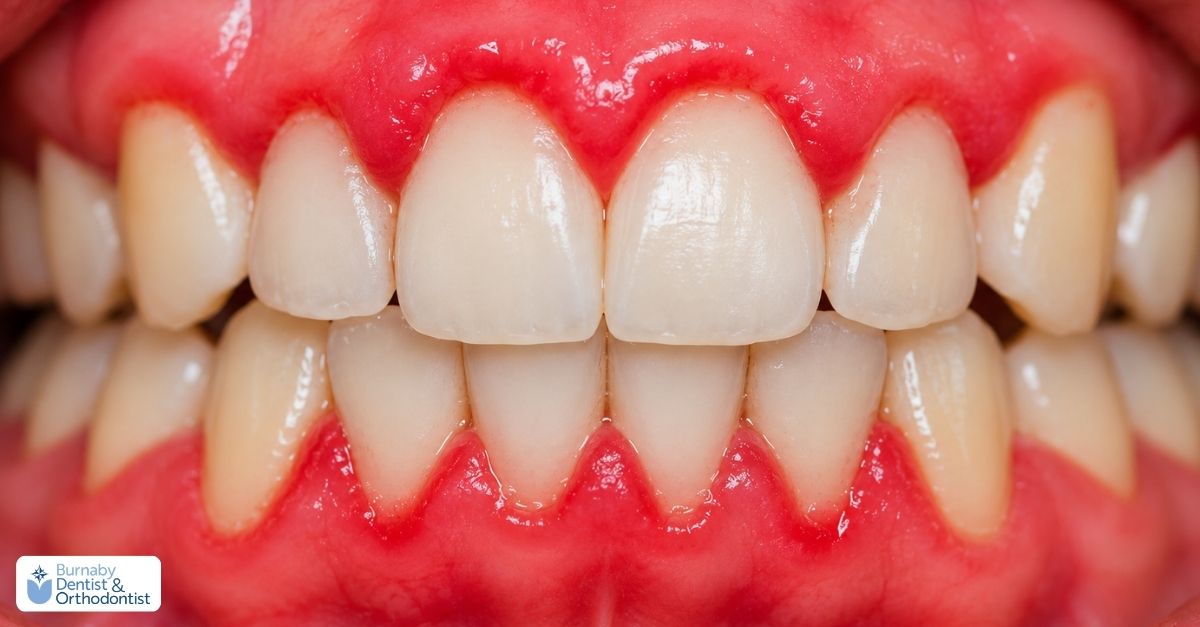 Red, swollen, and tender gums around the teeth, showing visible signs of early gum inflammation.