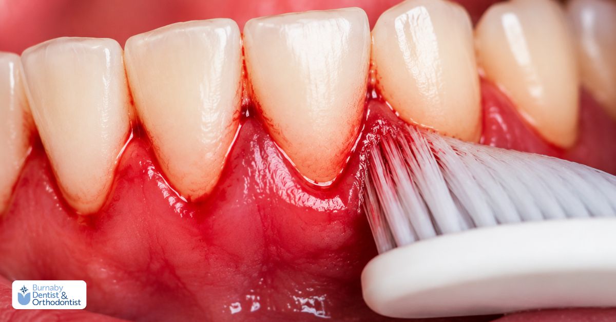 Inflamed gums showing redness and slight swelling with a toothbrush causing light bleeding