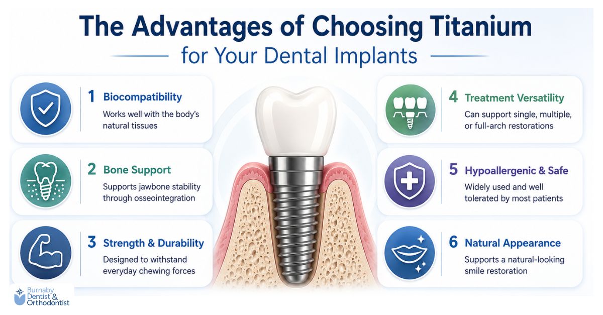 Infographic showing the benefits of titanium dental implants, including biocompatibility, bone integration, durability, safety, versatility, and natural appearance.
