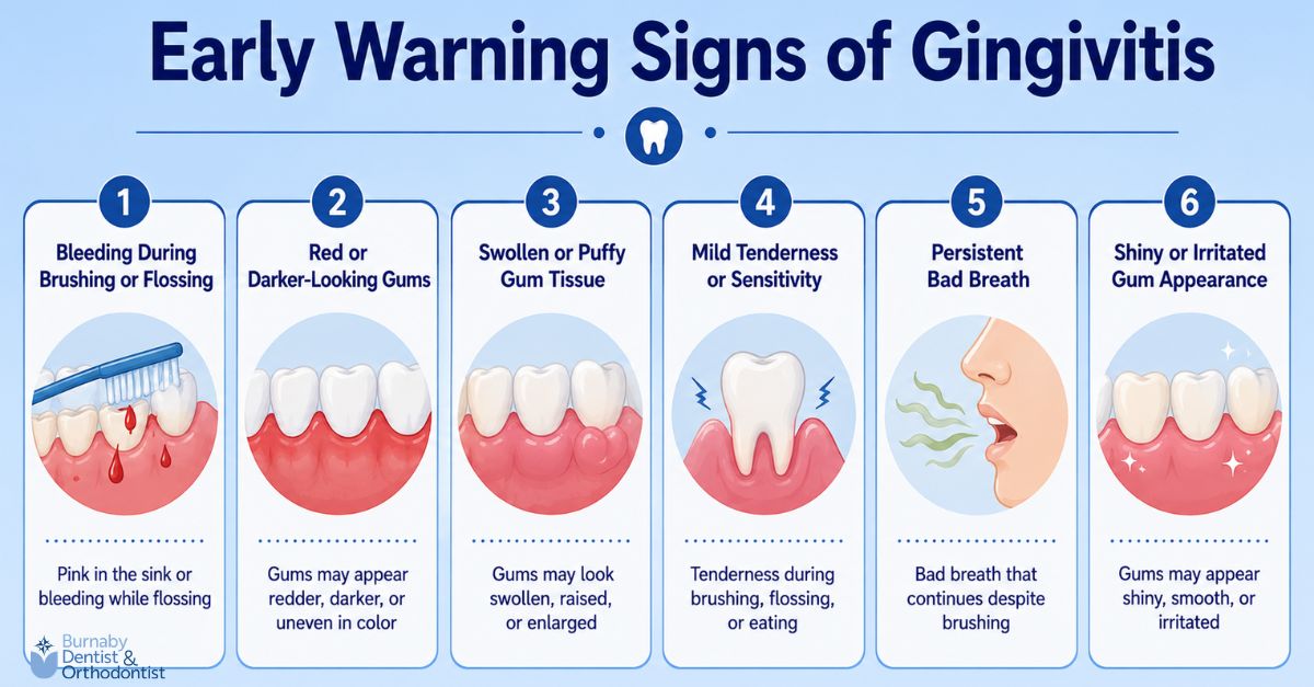  Infographic showing six early signs of gingivitis, including bleeding during brushing, red or darker-looking gums, swollen gum tissue, mild tenderness, persistent bad breath, and shiny or irritated gums.