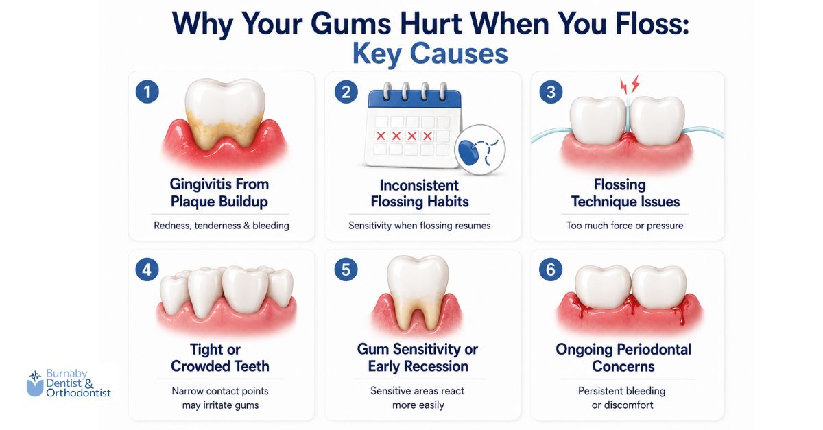  An infographic showing six common reasons flossing may cause gum pain, including gingivitis from plaque buildup, inconsistent flossing habits, flossing technique issues, tight or crowded teeth, gum sensitivity or early recession, and ongoing periodontal concerns.