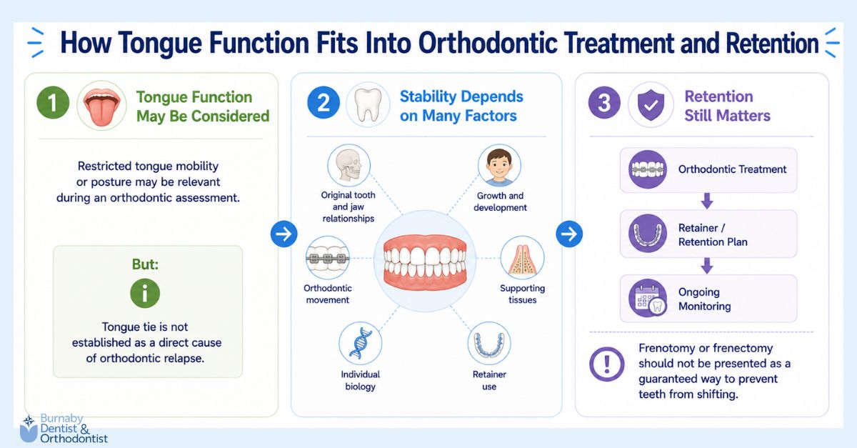  Infographic showing how tongue function fits into orthodontic treatment and retention, including tongue mobility assessment, factors affecting orthodontic stability, retainer use, ongoing monitoring, and the limits of frenotomy or frenectomy for preventing tooth movement.