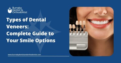 Dental shade guide next to a patient smile illustrating types of dental veneers