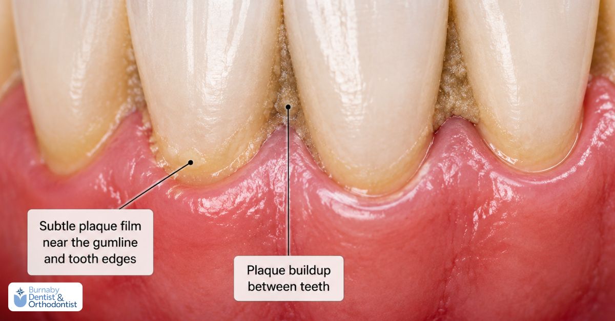 Detailed view of gumline with subtle plaque film near tooth edges and buildup in between teeth