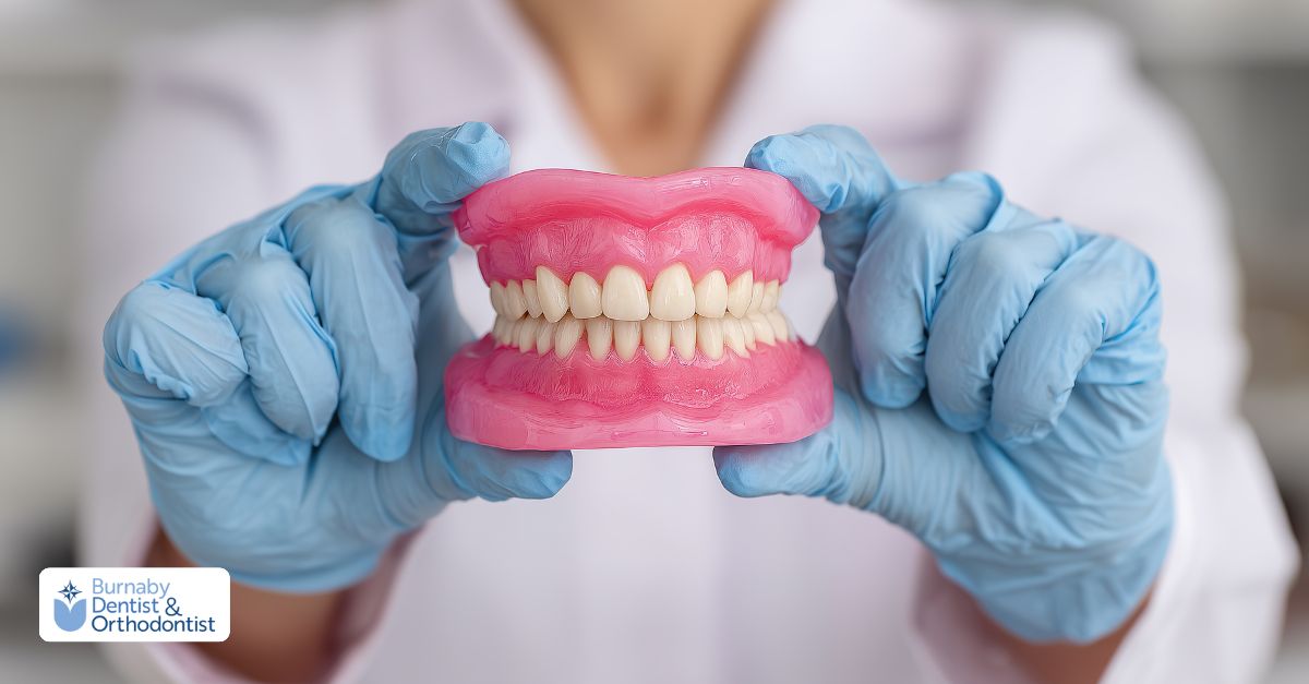 Dentures model showing how full dentures replace missing teeth.