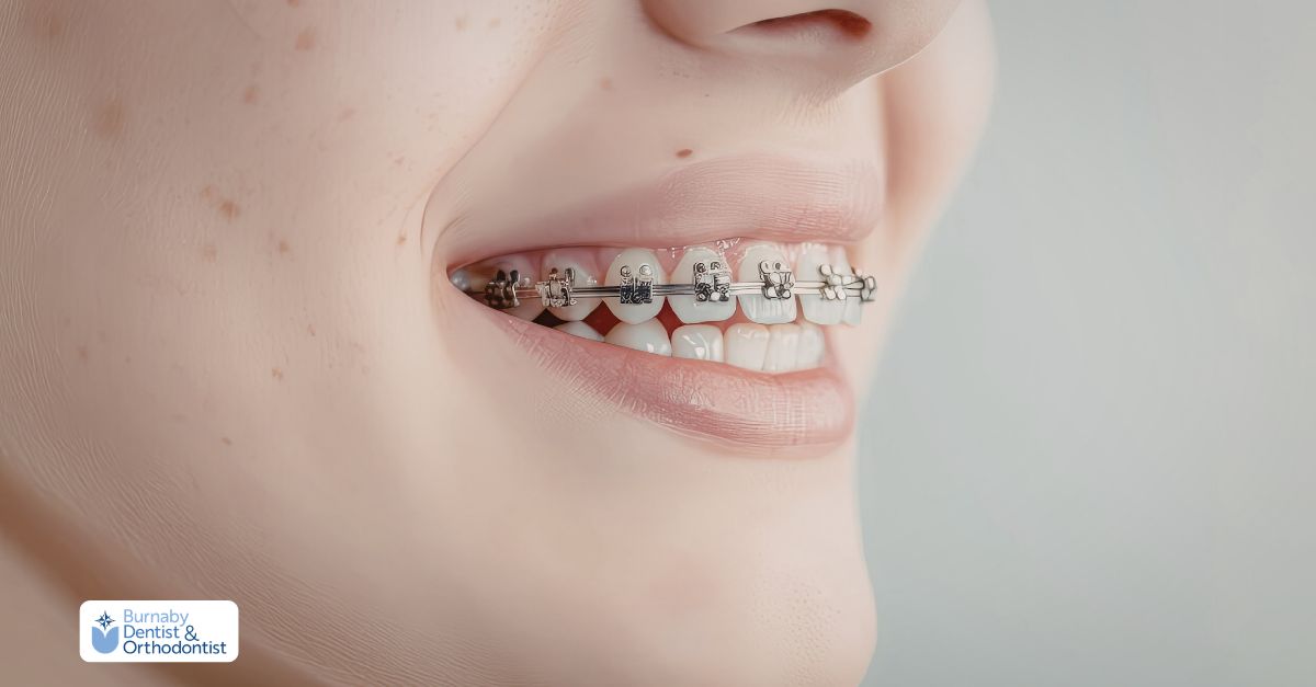 Close-up of a patient with traditional metal braces attached to teeth.
