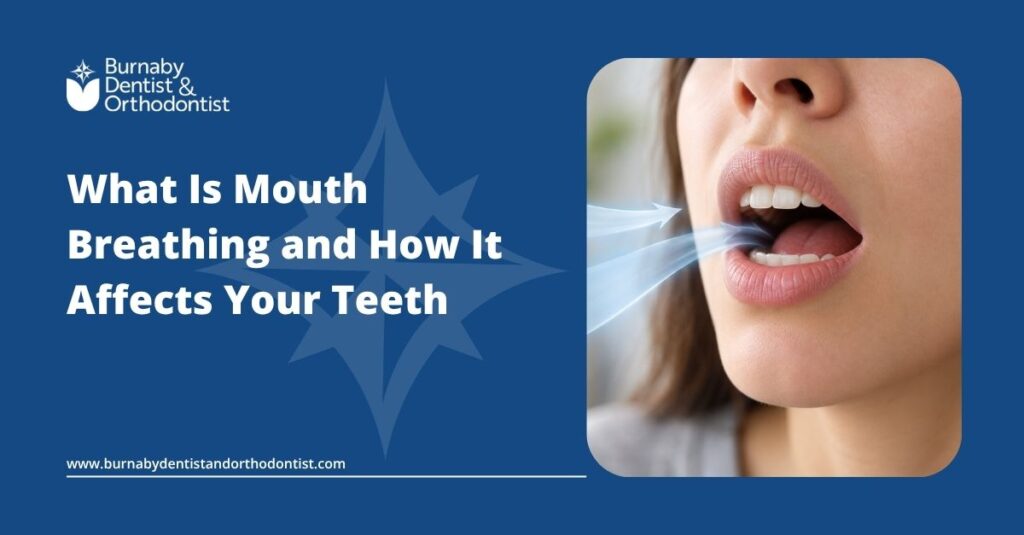 Person breathing through the mouth with teeth visible, illustrating how mouth breathing may affect oral health, saliva, teeth, and gums.