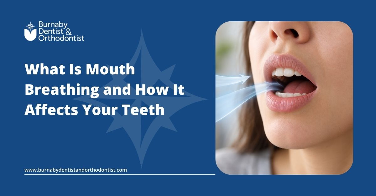 Person breathing through the mouth with teeth visible, illustrating how mouth breathing may affect oral health, saliva, teeth, and gums.