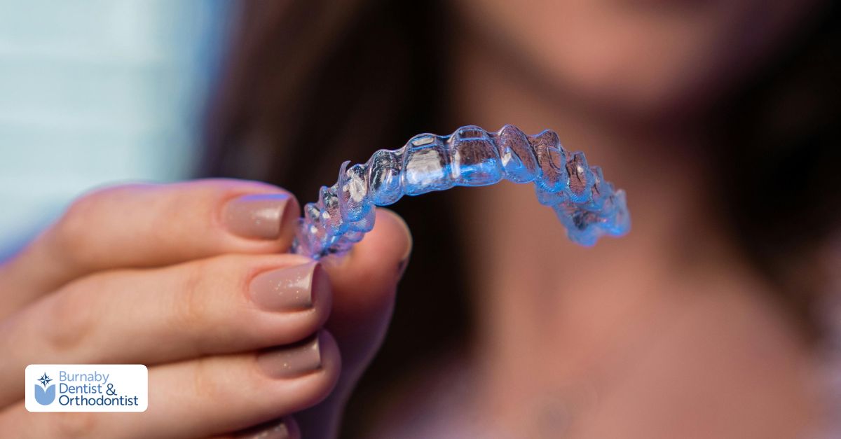 Clear orthodontic aligner used in modern orthodontic treatment for teeth alignment.