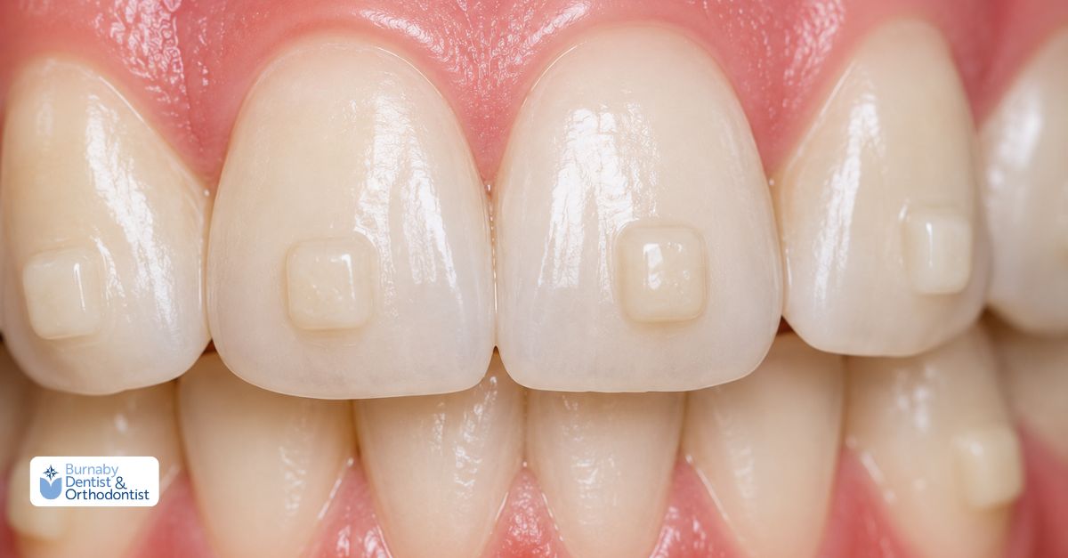What Are Invisalign® Attachments? Everything You Need to Know About “The Bumps” Close-up of teeth with small tooth-colored Invisalign® attachments bonded to the enamel