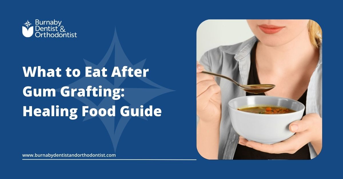 Woman eating warm soup after gum grafting, illustrating soft foods recommended for healing