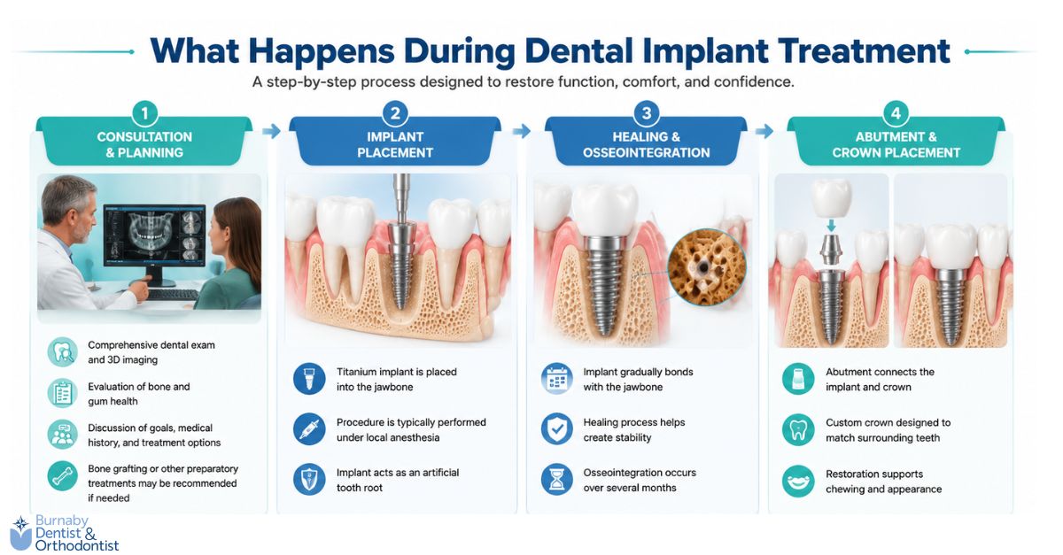 An infographic showing the stages of the dental implant procedure, including consultation, implant placement, healing, and final crown restoration.