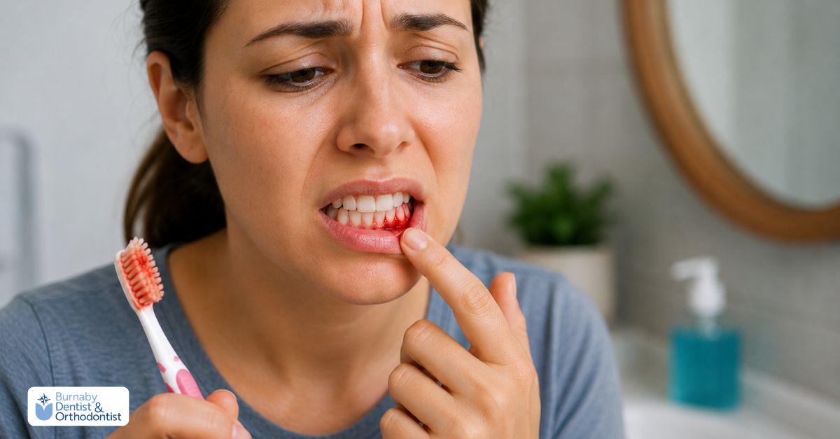 Person experiencing persistent gum pain and bleeding indicating possible gum disease during oral care