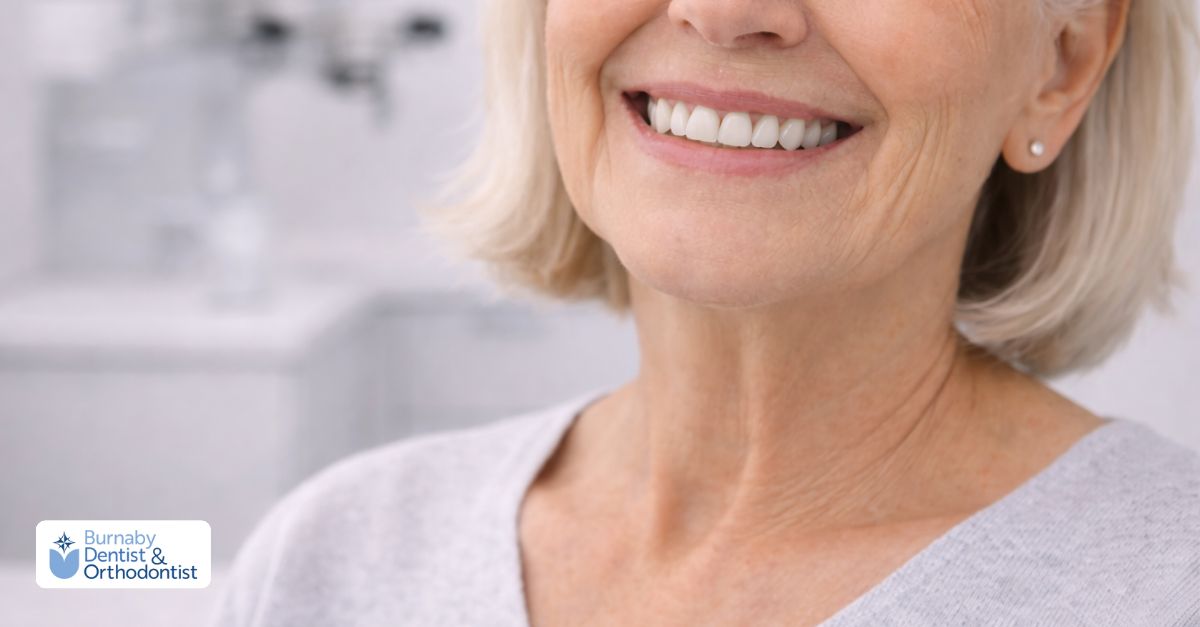 Older adult smiling comfortably after receiving a dental implant, showing a natural and well-supported tooth replacement