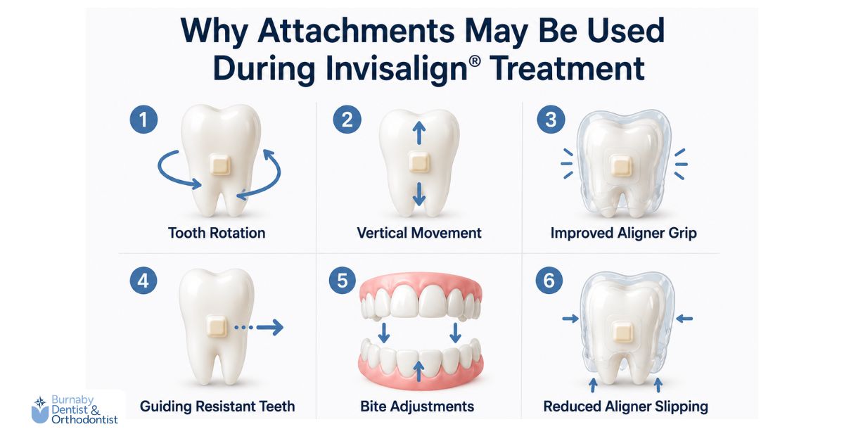 What Are Invisalign® Attachments? Everything You Need to Know About “The Bumps” An infographic showing common uses of Invisalign® attachments, including tooth rotation, vertical tooth movement, improved aligner grip, guiding resistant teeth, bite adjustments, and reducing aligner slipping during treatment.